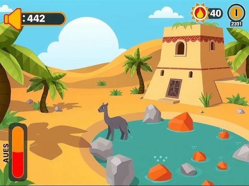 Coimbatore Desert Adventure Gameplay Screenshot Coimbatore Desert Adventure gameplay showing a player collecting water from an oasis while monitoring thirst and heat levels