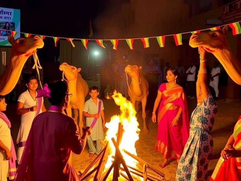 Coimbatore Desert Adventure Pongal Celebration Coimbatore Desert Adventure Pongal festival event showing players dancing around a bonfire with camels decorated in flowers